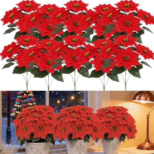 Aisamco 10 Stück Künstliche Weihnachtsstern Blumen Rote Weihnachten Blumenstrauß Gefälschte Blumen Weihnachten Urlaub Dekoration für Zuhause Veranda Gartentisch Mittelstück