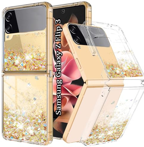 Yutwo Hülle für Samsung Galaxy Z Flip 3 5G, Glitzer Treibsand Silikon Stoßfest Samsung Z Flip 3 5G Handyhülle Transparent TPU Bumper Schutzhülle Quicksand Case, Gold