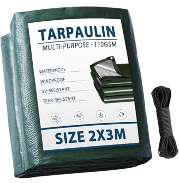 Vandham Tarpaulin 2m x 3m, Multi-purpose 110GSM Green Heavy Duty Waterproof Tarpaulins, Camping Tarp with Reinforced Grommets Covers for Outdoor