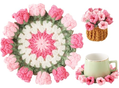 Litvana Flower Crochet Coasters, Handmade Bouquet Blanket Coaster with Crochet Plant Pot Fun Soft Decorative Drink Coasters for Coffee Tabletop Protection and Home Decor (Cherry Pink Muguet)
