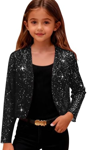 HEONSATI Pailletten Jacke Mädchen Glitzer Festlich Bolero Langarm Rundhals Mäntel paillettenjacke für Kinder Baseball Stil Sport Tops Leichter Glänzender Oberteil Elegante Party Cardigan für Karneval