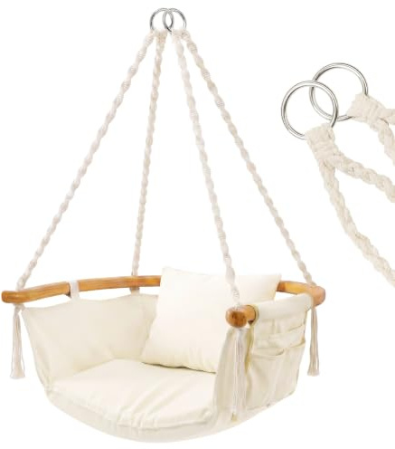 Sekey Hängesessel mit Flexibler Seitentasche & Kissen - Boho Hängestuhl bis 120 kg - Gebogener Bambusstab & Spiralseile - Hängeschaukel für Balkon, Garten & Indoor, Creme