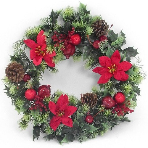 Poinsettia Christmas Wreath, 10 & 16 | Artificial Wreath for Front Door, Wall, or Holiday Decor (Red Baubles, 16 (41cm))