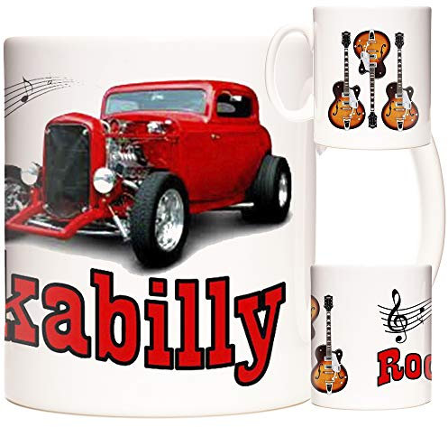 Rockabilly Tasse für Rockers Everywhere, mit Gitarren und rotem American Pickup Truck.