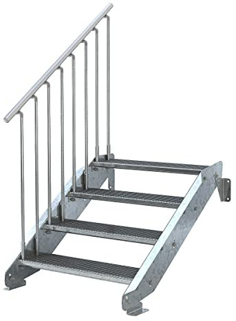 Außentreppe 4 Stufen 90 cm Laufbreite - einseitiges Geländer links - Anstellhöhe 62 cm bis 84 cm - Gitterroststufe ST3 - feuerverzinkte Stahltreppe mit 900 mm Stufenlänge - montagefertiger Bausatz