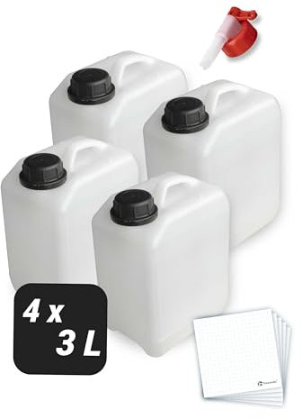 Trevendo 4er-Set Wasserkanister - 3 Liter - Weiß - Kunststoff - BPA-frei - UN-zugelassen - inkl. Auslaufhahn & Schraubverschluss & Beschriftungsetiketten