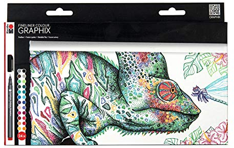 Marabu 0146000000103 - Fineliner Graphix, Set Hypnotize, 24 brillante Farben, Strichstärke ca. 0,5 mm, wasserbasierte Pigmenttusche, metallgefasste Kunststoffspitze