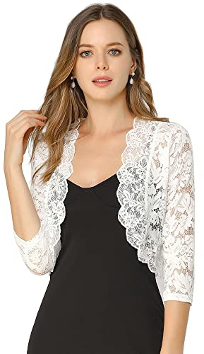 Allegra K Women's Elegant 3/4 Sleeve Sheer Floral Lace Shrug Open Front Cropped Bolero Cardigan X-Large White