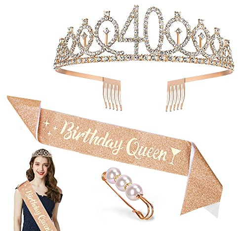 40. Geburtstag Krone Schärpe, Geburtstag Tiara Gold Geburtstag Schärpe Haarnadel, Junggesellinnenabschied Set für 40 Geburtstag Deko Geschenk Frauen Party Accessoires