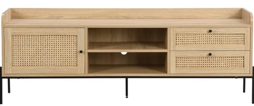 HOMIFAB Meuble TV 1 Porte 2 tiroirs en cannage Naturel et Effet chêne 160 cm - Iris
