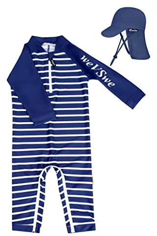 weVSwe Traje De Baño para Bebé UPF 50+ Protección UV Niño Rash Guard Manga Larga con Sombrero Rayas Azul Marino 6-12 Meses