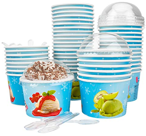GLAITC Eisbecher aus Pappe,50 Pcs Eiscreme Becher Container 130ml Wiederverwendbare Papier Eiscreme Wannen Suppe Container mit 50 Pcs Deckel und Schaufeln für Eiscreme gefrorenen Joghurt (Blau)