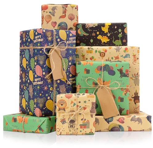 Larcenciel Geschenkpapier Geburtstag, Lustige Tierparty Kraftpapier Geschenkpapier Kinder, Süßes Cartoon Geschenkverpackung mit Dino Welpe Fuchs Löwe für Geburtstag, Jahrestag, Party, 6 Blatt 70x50cm