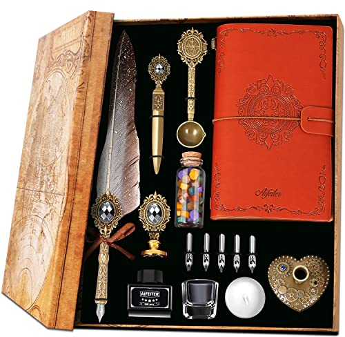 MPRINCE Feder Kalligraphie Stift Set, Quill Stift und Tinte Set, Feder Stift Tinte Set, Notizbuch Quill Stift und Tinte Set, Wachs Siegel Stempel Set, schöne Geschenk Kalligraphie Set-grau