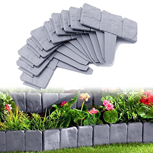 JOIEYOU Beeteinfassung Rasenkante, Kunstoff Steinoptik Raseneinfassung 2,5 M, Flexibler PP Beetumrandungen für Blumen, Gartenzaun decorativ, L 25 x H 23 cm, 10 Stücke, Grau