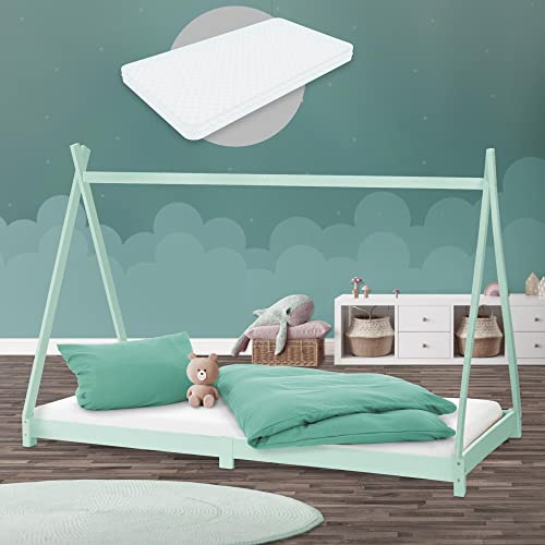 ML-Design Kinderbett Tipi 90 x 200 cm Mint mit Matratze H:16cm & Lattenrost, Indianer Bett, Kiefernholz, Hausbett für Mädchen/Jungen, Bodenbett Kinderhaus Jugendbett Holzbett Bettenhaus Spielbett Zelt