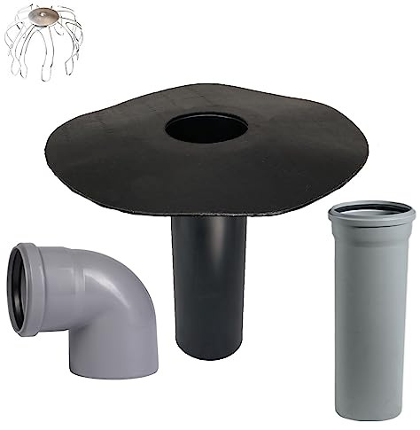 Flat Roof Drain DN 100/110 Set Including Leaf Catcher Basket with Bend and HT Pipe, Bitumen Flange, Roof Gully, Inlet, Roof Drainage (87° Bend + 500 mm HT Pipe)
