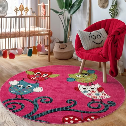 Carpettex Kinderteppich Eule-Design Violett 120 cm Rund - Kurzflor Teppich Kinderzimmer für Mädchen und Jungen Pflegeleicht Weich - Waschbarer Spielteppich Babyteppich Gaming Teppich Babyzimmer