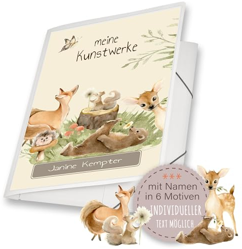 Zeichenmappe A4 oder A3 Schule Kindergarten Mappe personalisiert Namen Woodland Bär Fuchs Igel Reh Eichhörnchen - Kunstwerke Erinnerungsmappe Sammelmappe Junge Mädchen