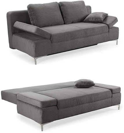 Modernes Cord Funktionssofa mit Gästebett und Bettkasten 202 cm breit, Federkern im Sitz und Rücken, Schlaf-Couch mit Liegefläche 144x198 cm, Bezug Cordstoff in Grau Anthrazit / 15204