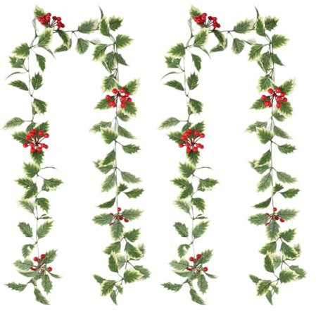 JIHUOO Künstliche rote Beeren-Girlande mit Stechpalmenblättern, Weihnachtsbeeren-Girlanden, Winterurlaub, Gartendekoration, Weihnachten, Party, Kamin-Dekoration, 2 Stück