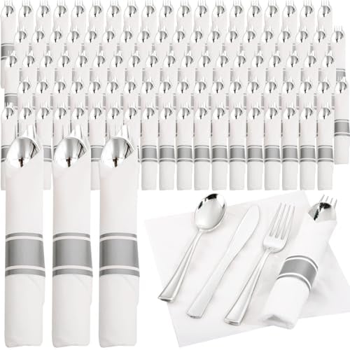 Supernal 120 Pack Silver Plastic Silverware Wrapped Cutlery Set with Napkin