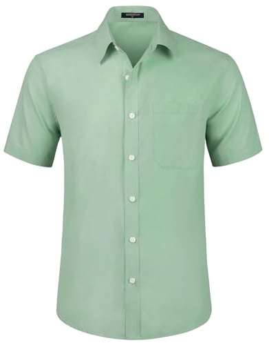 HISDERN Mens Short Sleeve Dress Shirt Regular Fit Casual Formal Bean Green Shirts for Men Button Down Business Stretch Shirt Non Iron,L