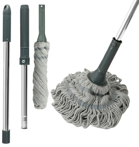 Trapeador giratorio, 128 mopas de microfibra autoescurridas de mango largo con 2 cabezales de fregona, mopa de suelo de hilo de algodón altamente absorbente, almohadilla antiarañazos para manchas