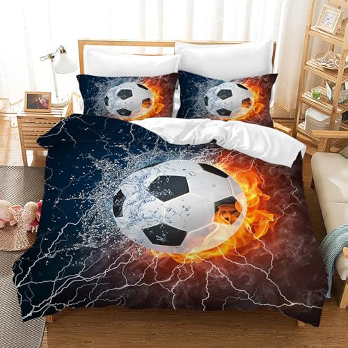 Leleyouzer Fußball Bettwäsche 135×200 cm für Kinder Fußball Muster Bettwäsche Set 3D Fußball Bettbezug für Kinder aus Mikrofaser + 2 Kissenbezüge 50 x 75 cm(ZQ1)