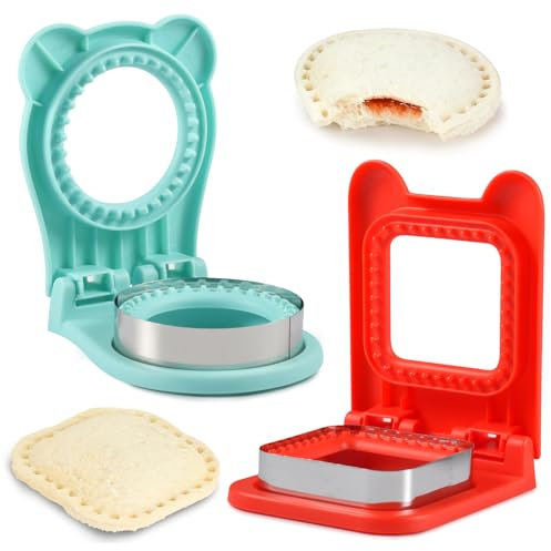 Sandwich Ausstecher Kinder, 2Pcs Sandwich Schneider Versiegler, Sandwichschneider Brotausstechformen, Edelstahl und Kunststoff, für Taschenbrote, Kekse, Bento(Himmelblau und Rot)
