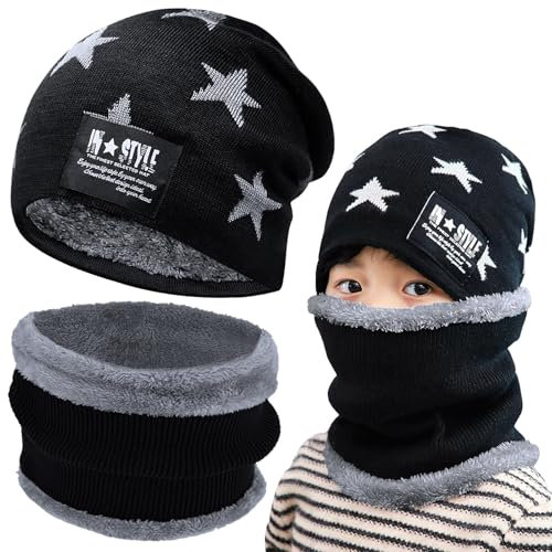 Axinyijia Bonnet Tour de Cou Polaire pour Enfant, Ensemble Bonnet d'hiver et Cache Cou Garcon, Packs Bonnet Écharpe avec Doublure Polaire Enfant 5-10 Ans (noir)