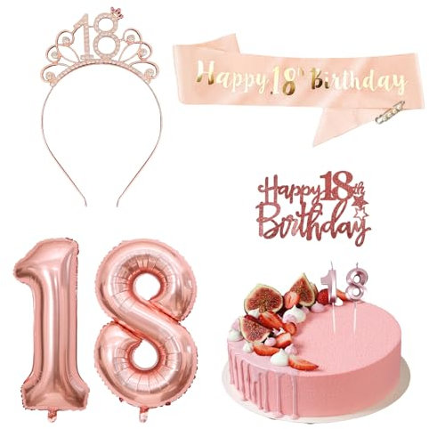 Realjoy 18.Geburtstag Schärpe und Tiara,8 Geburtstagsdekorationen für Mädchen,Krone Schärpe Set mit Brosche,Tortenaufsatz, Zahlenkerzen und Luftballons für die 18. Geburtstagsfeier (Roségold)