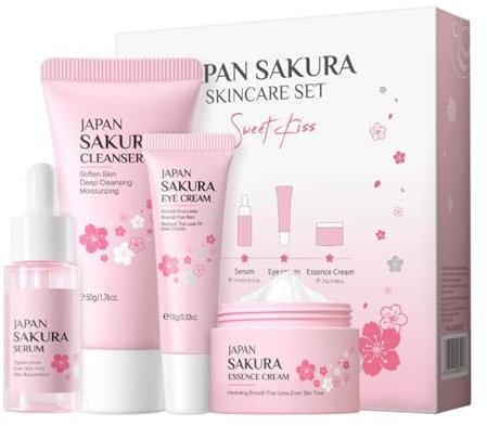 Vawolecy Sakura Set de Cuidado de la Piel para Mujeres, Kit de Cuidado de la Piel de Tamaño de Viaje con Limpiador, Suero, Crema para los Ojos, Crema Facial 4PCS