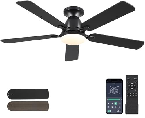 Deckenventilatoren mit Lichtern-132CM Deckenventilator mit Licht und Fernbedienung/APP-Steuerung, bündiger Einbau, moderner LED dimmbarer reversibler DC-Deckenventilator für Schlafzimmer(Schwarz)