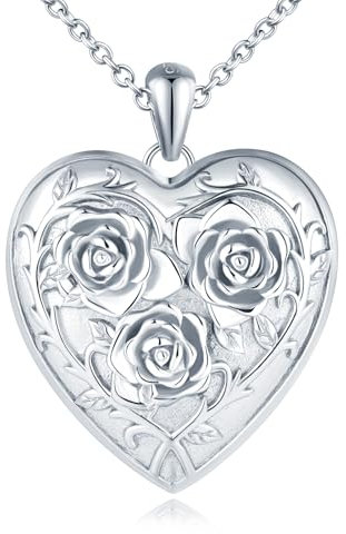 Yumilok Pendant Necklace for women 925 Sterling Silver rose heart love flower Open Heart Photo Picture Locket Necklace
