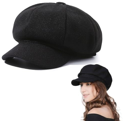 Baskenmütze Damen Barett,Damen Schirmmütze Barett Winter Mütze,Damen Ballonmütze Schirmmütze Wintermütze Kappe Barett Winter Mütze Herbst Winter,Schirmmütze Wolle Wintermütze Newsboy Mütze,Schwarz