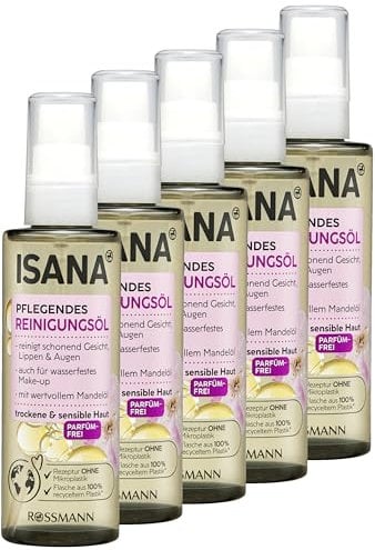 ISANA Pflegendes Reinigungsöl, 5er Pack (5x 100 ml Flaschen) - Reinigt schonend Gesicht, Lippen und Augen - Besonders geeignet für trockene und sensible Haut