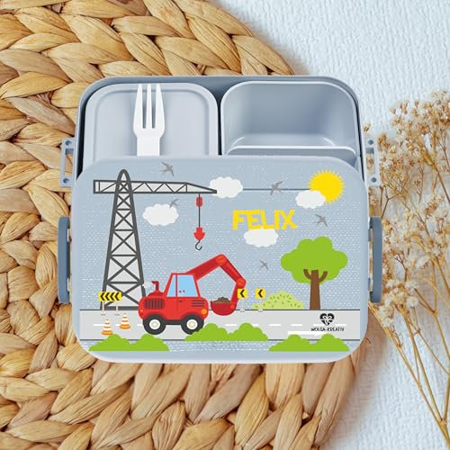 wolga-kreativ personalisierte Mepal Brotdose roter Bagger Auto - Mepal Brotdose Kinder, Jausenbox Kinder, Brotdose Kinder Mepal, Brotdose Kinder mit Fächern Mepal, Kindergarten Brotdose