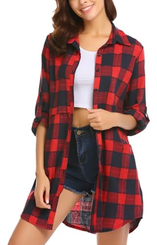 Hotouch Chemise à carreaux décontractée à manches longues pour femme - Col en V - Boutonnière - Fête de la bière - Chemisier à carreaux - Tunique - Tailles S à XXL, Rouge et bleu., L