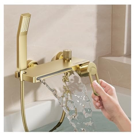 SWHC Robinet de Baignoire avec Douchette, Mitigeur Baignoire Cascade Mitigeur Douche Chaud ou Froid Robinet Douche Mural Or Brossé Robinet Salle Bain Baignoire Laiton