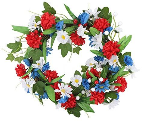 15.7in Patriotic Wreath - Red, White & Blue Silk Flower National Holiday Decoration for Front Door, Fireplace, and Home, Ideal for Holiday Celebrations
