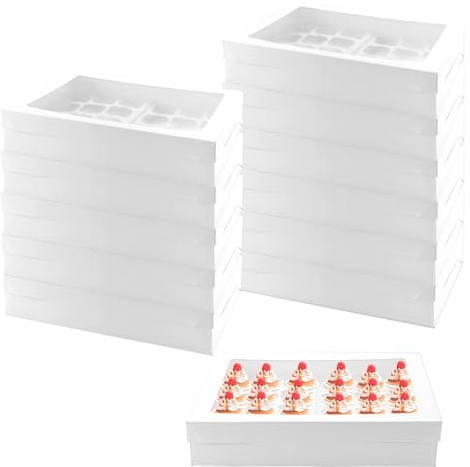 JEUIHAU 12 Pcs 24 Hole Cupcake Box with Window, White Cup Cake Boxes for Cakes, Cupcakes, Muffins, and Pastries, 43 x 31 cm