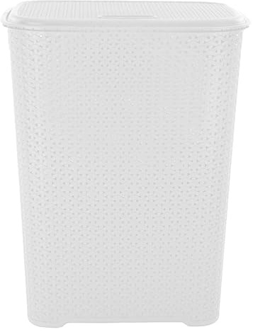 Drop All 65L Large (𝐖𝐇𝐈𝐓𝐄) Laundry Basket with Lid – Tall Plastic Washing Basket with Flip–Top & Modern Knit Design – Dirty Washing Bin for Bedroom, Bathroom, or Laundry Room (Single)
