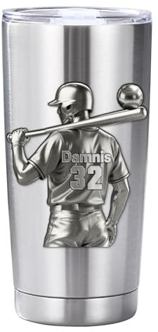 Bicchiere personalizzato effetto 3D, giocatore di baseball, in acciaio inossidabile, 590 ml, nome e numero personalizzato, tazza da baseball, regalo di compleanno per uomini, ragazzi, amanti dello
