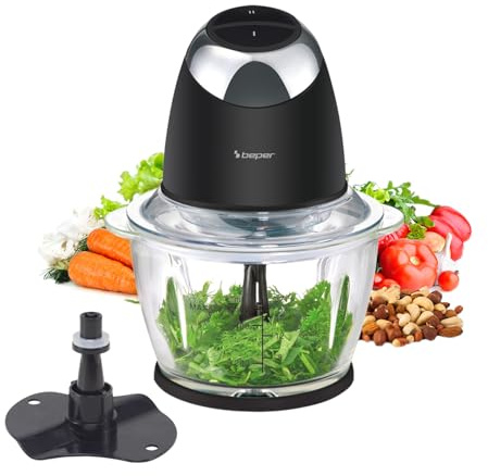BEPER P102ROB003 Tritatutto Elettrico Chop&Whip con Contenitore in Vetro 500ml, Lame in Acciaio Inox, 2 Velocità, Accessorio per Emulsionare e Montare la Panna, Compatto, Sicuro e Facile da Pulire