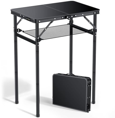 Anbte Campingtisch Klappbar 60x40cm Aluminium Rahmen mit 3 Höhen Verstellbar 27.3/51/74.7cm mit Aufbewahrungsnetz 30kg Tragkraft Tragbar Picknicktisch für Camping Strand Balkon (Ganz Schwarz)