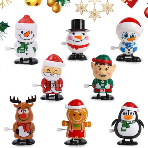 WELLXUNK Aufziehspielzeug Weihnachten, 8 Stück Kinder Aufziehspielzeug Wind Up, Weihnachts Spielzeug Aufziehfigur, Weihnachtsmann, Pinguin, Schneemann, Elch Weihnachten Deko Figuren Geschenk