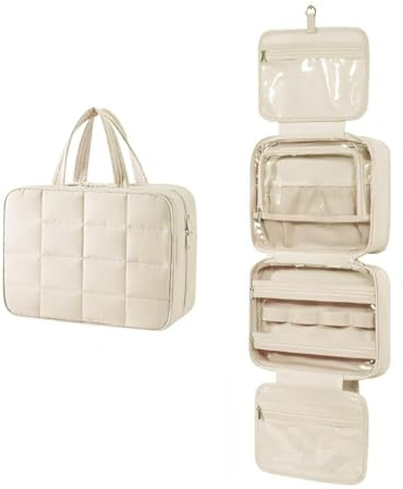 Pomodee Kulturbeutel Damen, Kosmetiktasche, Schminktasche, Waschtasche und Toilettentasche zum Aufhängen – Mit Schmuckorganizer für Reise, großes Fassungsvermögen (Beige)
