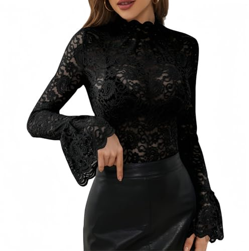 SamHeng Women's Flare Long Sleeve Tops Sexy Floral Lace See Through T-Shirt | High Neck Elegent Basic Blouse Slim Fit Lace Top Ladies Sexy Going Outfits for Office Lady Clubwear Streetwear