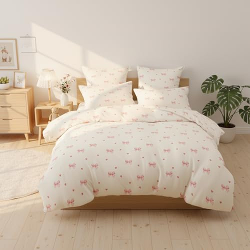 Covebett Bettwäsche Set 135x200 2teilig Mädchen Beige Rosa Schleifen Herzen